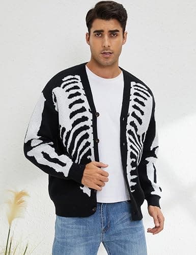 Arssm Men Skeleton Cardigan Sweater Oversized Fall Graphic Long Sleeve Knit Y2K Button Down V Neck Sweater Outwear thumbnail 3