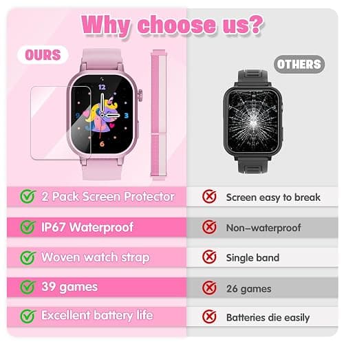 Wiszodet Kids Waterproof Smart Watch Girls Gift Age 3-12 with 39 Game HD Touch Screen Music Player Video Camera Pedometer Alarm Clock Birthday Gift for 6 7 8 9 Year Olds Pink thumbnail 5