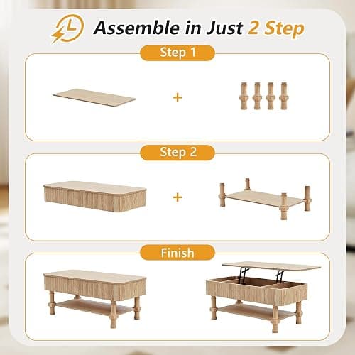 39” Large Lift Top Coffee Table with Hidden Storage Compartment, Fluted Coffee Tables Fully Assembled Wooden Center Table, Mid Century Modern Lift Tabletop Dining Tables for Living Room Office,Natural thumbnail 4