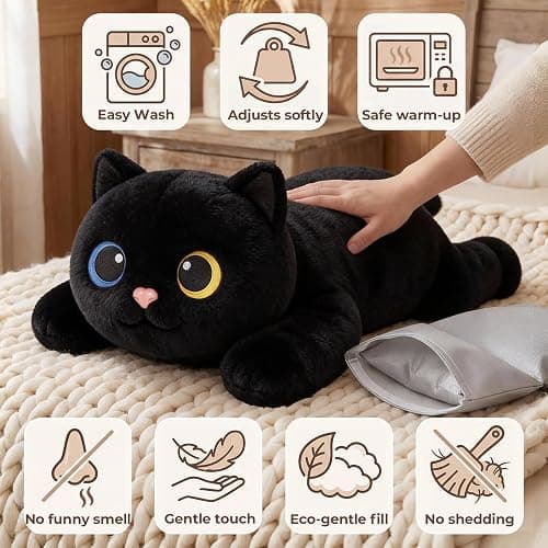 Mewaii Weighted Stuffed Animals with Microwavable Heating Pad - 5 lbs Adjustable, Heatable & Coolable Stuffed Animal for Realistic Hug, Removable Inner Pad, Plush Gifts for Kids (Black, 23 Inch) thumbnail 8