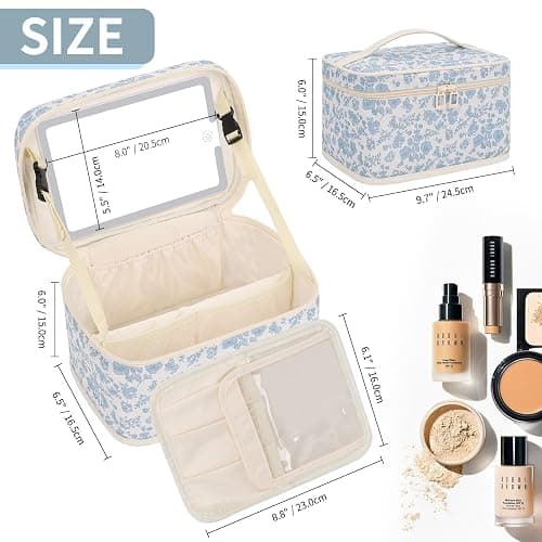Makeup Bag With LED Mirror, Lightweight Travel Makeup Bag With 3 Color Setting Light Up Mirror Cosmetic Makeup Organizer Vanity Case for Women Beauty Tools Accessories Rechargeable Train Case-Floral thumbnail 6