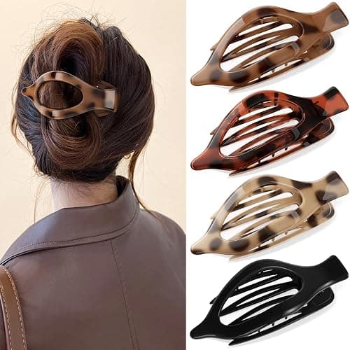 Oeusnael 4 PCS Large Flat Hair Clips for Women Girls, French Concord Lay Down Claw Clips for Thick Thin Hair, Comfortable Curved Flat Clip, Leopard Print Stylish Strong Hold Hair Accessories, Tortoise - Image 1