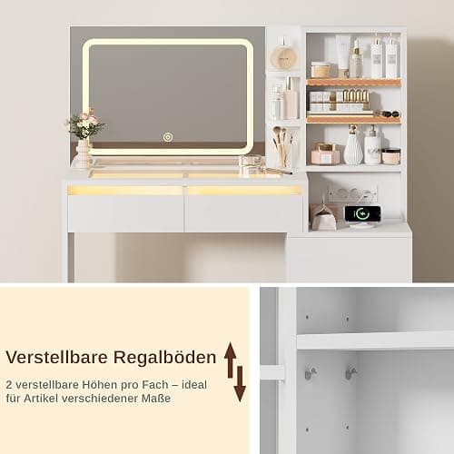IRONCK Schminktisch mit LED-Beleuchtung, Glasplatte, Hocker & Steckdose | Schminktisch mit Spiegel, 5 Schubladen, offene Fächer, verstellbare Ablagen, 2 AC, USB-A & USB-C Anschluss, Weiß thumbnail 6