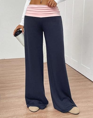 MYBFYABO Y2k Fold Over Yoga Pants for Women Low Rise Wide Leg Sweatpants | Womens Comfy Flowy Palazzo Pajama Pants, Contrast Color/ Striped Wide Foldover Waist Lounge Bell Bottoms 2026 thumbnail 4