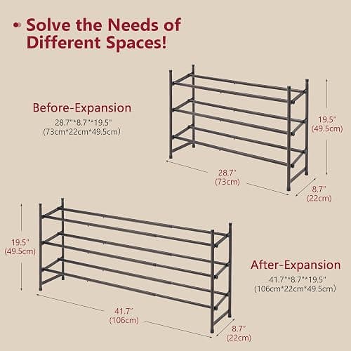 Tajsoon 3 Tier Expandable Shoe Rack for Closet, 28“-41“Adjustable & Stackable Shoe Shelf Storage, Metal Shoe Rack Organizer for Front Door Entrance, Closet, Garage, Entryway, Bronze thumbnail 3
