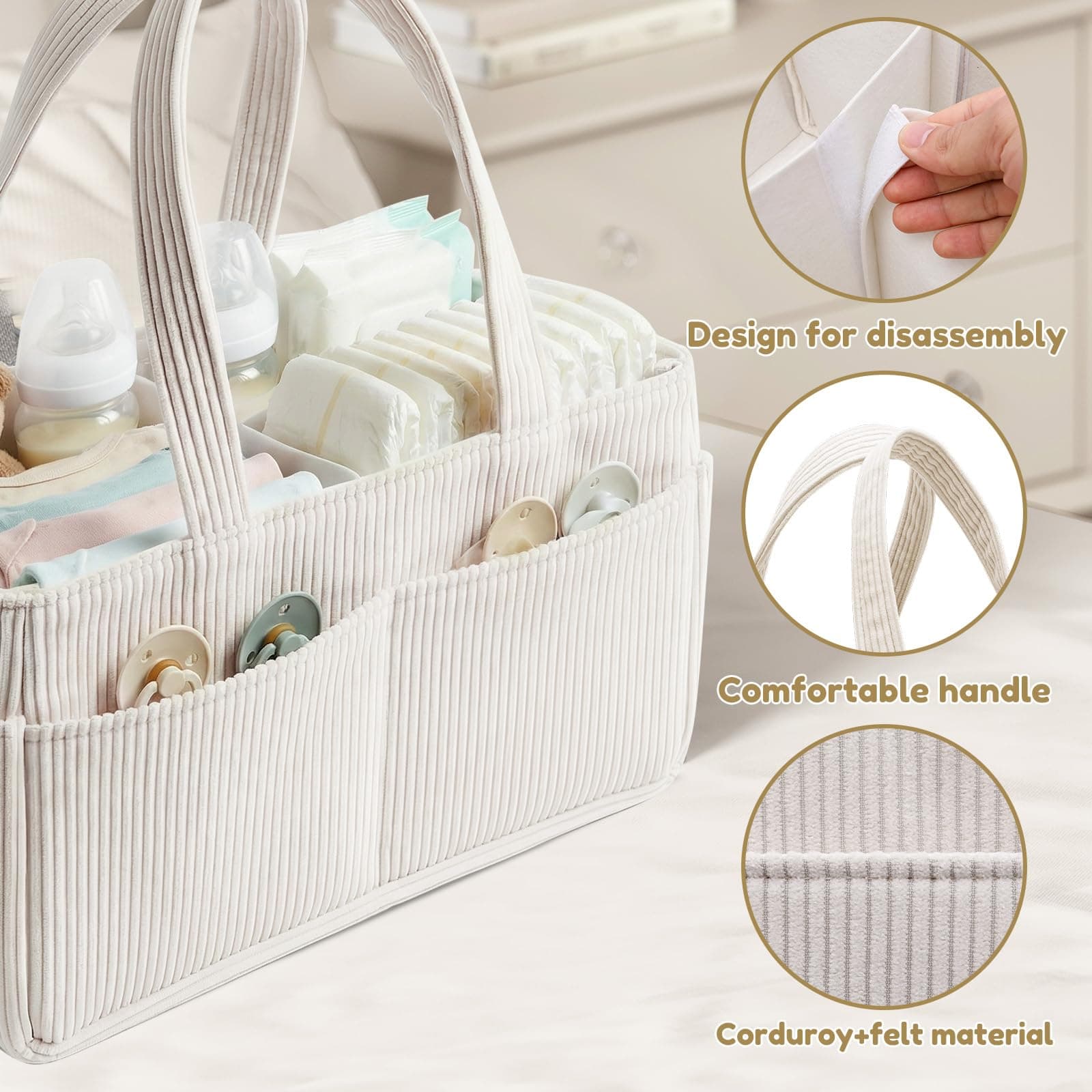 Baby Diaper Caddy Organizer Portable Soft Corduroy Diaper Storage Basket with Handle Nappy Caddy Storage Basket for Nursery Baby Shower Newborn thumbnail 6