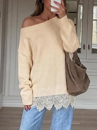 Saodimallsu Womens Lace Patchwork Sweater Long Sleeve Boat Neck Pullovers | Floral Hem, Convertible Neckline, One-shoulder Styling, Soft Knit, Relaxed Fit, Date Night, Office thumbnail 5