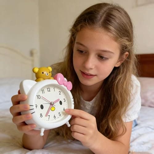 Fuxizest Cute Cat Alarm Clock, Kawaii Alarm Clock，Cartoon Cat Clock，Cute Clock，White with Pink Bow, Yellow Bear Topper, Kids Room Decor (White with Little Bear) thumbnail 2