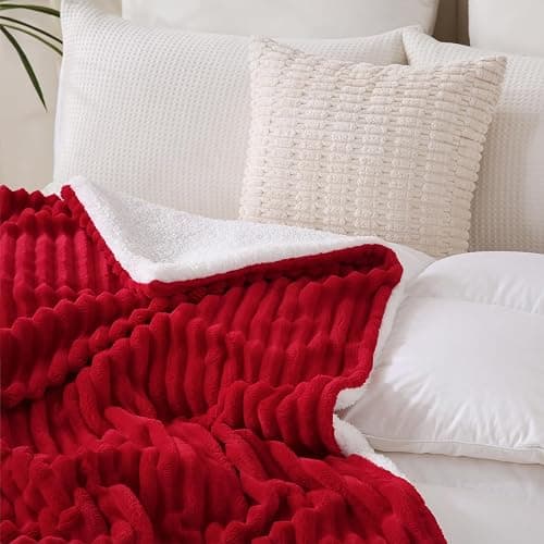 Linecooo Red Sherpa Fleece Throw Blanket 50”×60” for Couch Sofa Bed,Double Side Soft Fuzzy Cozy Plush Thick Flannel Blanket with Striped Design Gift for Adults,Woman,Girls thumbnail 5