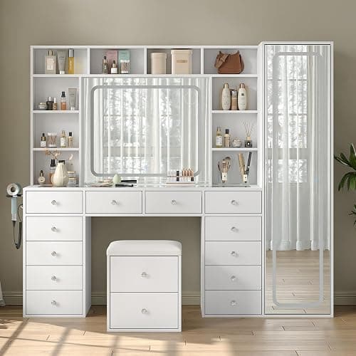 Yanosaku Vanity Desk Full Length Mirror & LED Mirror with Power Outlet, Makeup Vanity 14 Drawers & 10 Shelves, Hidden Storage Capacity, Dimmable & 3 Color Lighting Dressing Table for Bedroom, White - Image 1