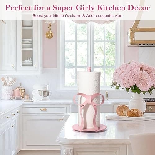 Shinlar Pink Bow Paper Towel Holder Coutertop - Bow Accent Paper Towel Holder, Pink Kitchen Decor and Accessories, Coquette Room Decor Girly Gifts for Women, 3D Handmade Pattern, Weighted Base thumbnail 5