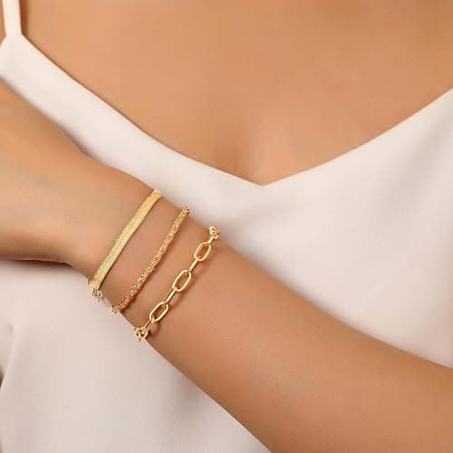 MKLUUO Gold Bracelets for Women, Dainty Adjustable 14K Gold Plated Herringbone Link Bracelet Set, Trendy Stack Paperclip Chain Gold Bracelet Gift for Women thumbnail 2