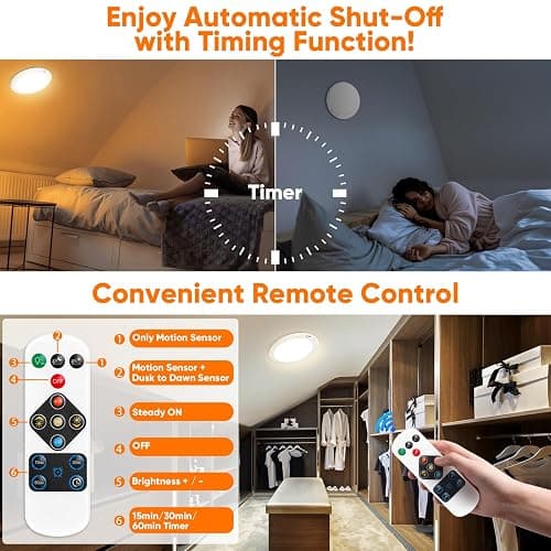 Rechargeable Motion Sensor Ceiling Light with Remote, Battery Operated Closet Light No Wiring, Wireless LED Shower Lights, 3 Colors Dimmable Indoor Overhead Lamp for Closet Shower Pantry Shed Hallway thumbnail 8
