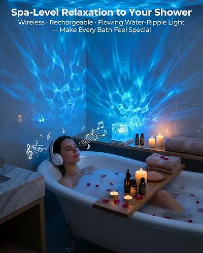Rechargeable Shower Mood Light Cube, Ocean Wave Projector Lamp Cordless | 16 Colors, No Wiring, Waterproof, Remote & Touch Control, Spa-Like Shower Lamp for Bathroom, Bathtub, Bedroom, Relaxing thumbnail 2