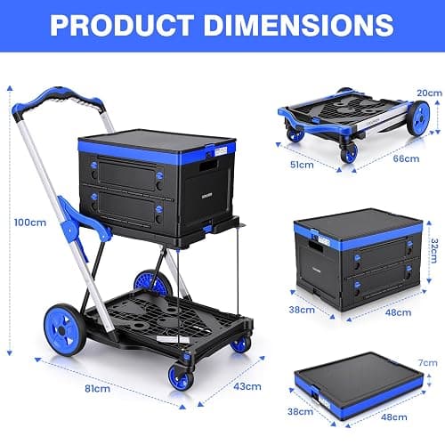 Collapsible Shopping Cart with Wheels Multi use Functional Collapsible Carts Mobile Folding Trolley, Collapsible Hand Truck and Dolly, Grocery Cart with Storage Crate Platform Hand Truck(Blue) thumbnail 2