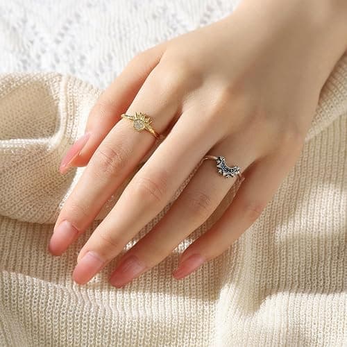 UNE DOUCE Celestial Sun and Moon Ring Set, Sparkling Sun Ring/Blue Moon Ring with 14k Gold/Silver Plating, Friendship Promise Ring, Stackable Celestial Rings, Gift for Women thumbnail 4