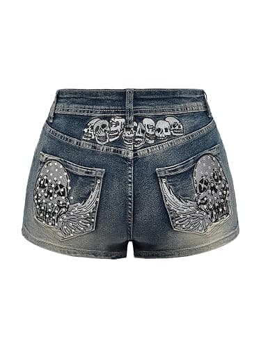 Milumia Women's Y2k Rhinestone Denim Shorts Punk Skinny Mini Jean 2000s | Rave Music Festival Outfits,Grunge,Punk,Gothic,Bedazzled,Streetwear - Image 1