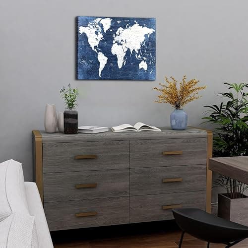 World Map Canvas Wall Art Modern Office Pictures Decorations World Maps for Living Room Wall Decor Retro Global Map Poster Navy Blue Framed Painting Artwork Home Bedroom Decoration 12x16” thumbnail 6