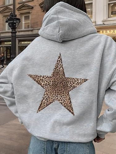 Baonmy Oversized Hoodies Women Star Leopard Print Hooded Preppy Fleece Sweatshirt Long Sleeve Y2K Graphic Hoodie with Pockets thumbnail 3