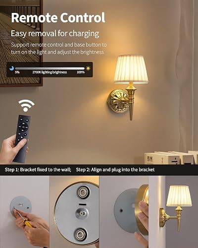 KDG Cordless Wall Sconces Set of 2, Small Wireless 5200mAh Rechargeable Battery Fabric LED Wall Lamps, Portables Lightings for Wall Painting, Living Room, Bedroom, Hallway, Gifts, Night Light (Gold) thumbnail 4