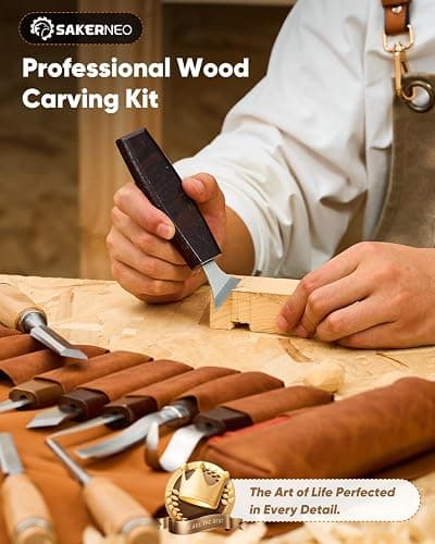 SakerNeo 25-Piece Wood Carving Kit Whittling Kit with Leather Storage Bag | Wood Carving Tools wood carving set Includes Gouges, Chisels, Knives – Ideal Woodworking Set for Beginners & DIY Gift thumbnail 7