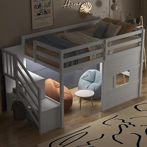 Twin Size Loft Bed with Storage Staircase and Window, Solid Wood Low Loft Bed Frame with LED Light, Full-Length Guardrails and Slats, Space-Saving Kids Bed, No Box Spring Needed, White Finish thumbnail 5