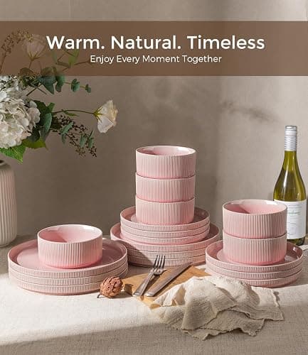 GBHOME Stoneware Dinnerware Sets for 4,12-Piece Plates and Bowls Set | Ribbed Reactive Glaze Ceramic Dish Set, Scratch Resistant, Dishwasher&Microwave Safe,Blush Pink thumbnail 8