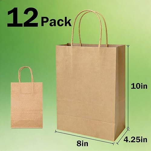 Volokitx 12-Pack Paper Bags with Handles Bulk – 8 x 4.25 x 10 in, Medium Size Brown Kraft Paper Bags, Kraft Gift Bag for Party, Retail, Business, Shopping thumbnail 2