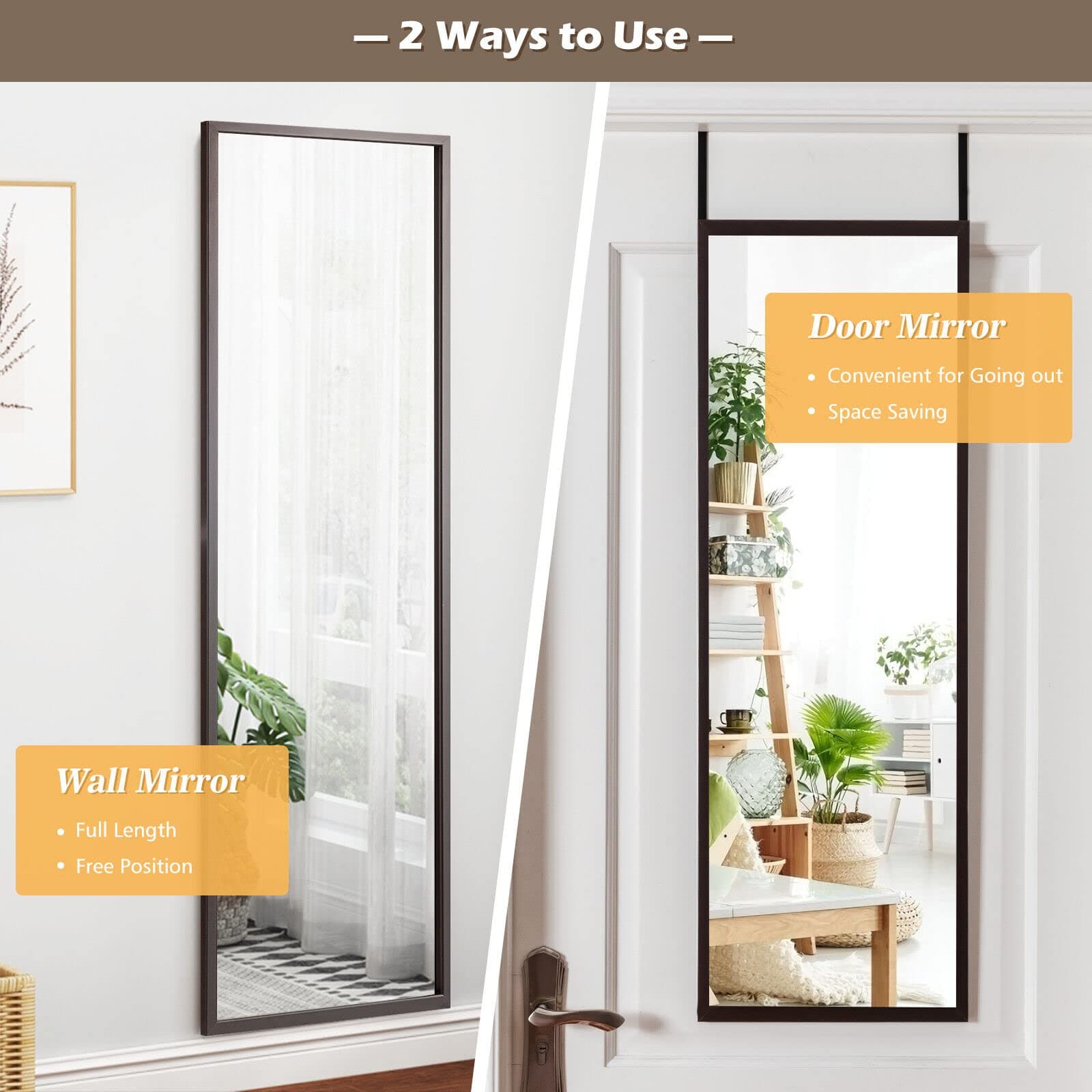 Giantex Full Length Mirror for Wall, Iron Thin Frame, Over The Door Mirror with 2 Sets of Height Adjusting Hanging Hooks for Bedroom, Bathroom, Dorm, Entryway, Easy Assembly, Coffee thumbnail 2