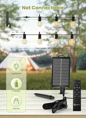 Brightown 58FT Solar String Lights Outdoor, IP65 Waterproof, Remote, Timer | Patio Lights with 17 LED Shatterproof Bulbs, 3 Light Modes, Dimmable, Outside Light for Backyard Porch Yard Party Xmas Decor thumbnail 7