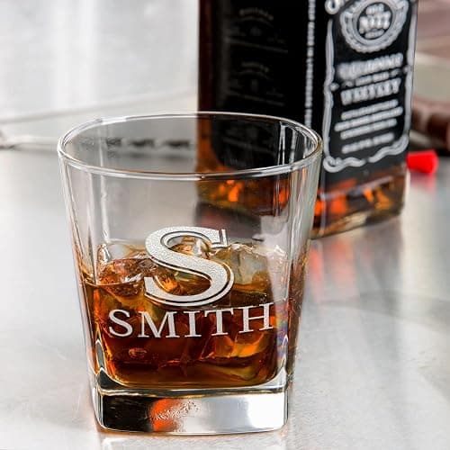 12 oz Personalized Double Old Fashioned Glass Set of 2 - Initial Block Surname Design - Black Custom Etched Cube Whiskey Glass - Perfect for Bourbon, Scotch, and Cocktails - Ideal Gift for Men thumbnail 6