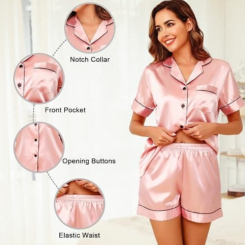 Vlazom Damen Satin Schlafanzug Kurzarm Satin Pyjama Set mit Knopfleiste Zweiteiliger Hausanzug thumbnail 4