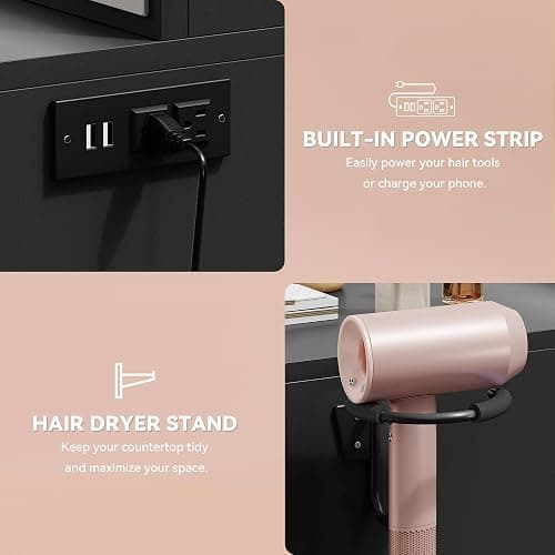 YITAHOME Vanity Desk Set with Large 35" LED Mirror, Makeup Table with 2 AC Outlets and 2 USB Ports, 4 Drawers & Stool, Adjustable Lighting, Modern Dressing Table, Black - Jet Black - LED Strip thumbnail 6