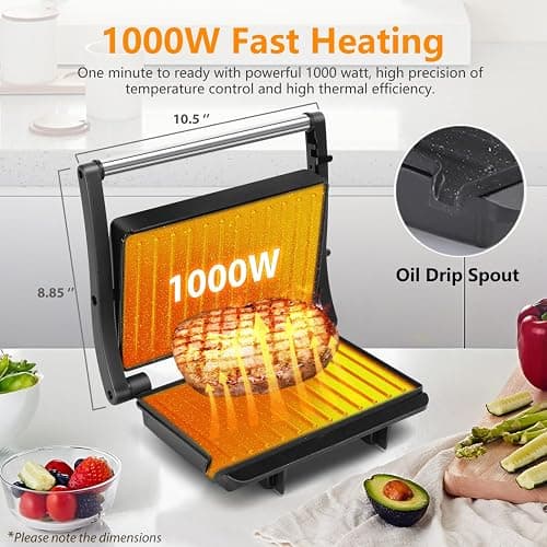 Panini Press Grill, Aigostar 1000W Sandwich Maker with Ceramic Non-stick Plates, Opens 180 Degrees for Any Size Food, 3-in-1 Sandwich Press Electric Grill, Drip Spout & Locking Lid, Sliver thumbnail 2