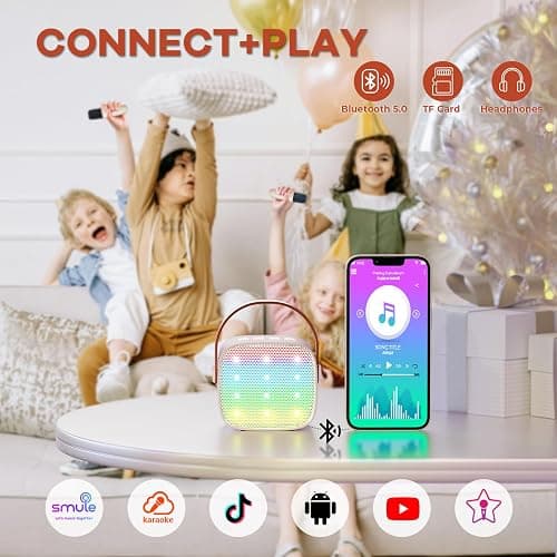 YLL Mini Karaoke Machine with 2 Wireless Microphones for Kids Adults, Portable Bluetooth Speaker Gift for Girls Toys 4, 5, 6, 7, 8, 10, 12+ Years Old Teens Birthday(Beige) thumbnail 5