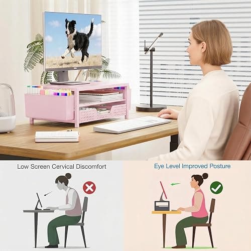 OPNICE Desk Organizers and Accessories, 2-Tier Computer Monitor Stand Riser with Drawer and 2 Pen Holders, Laptop Stand, Office Desk Accessories for Office Supplies, Pink thumbnail 3