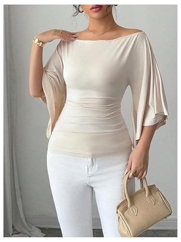 OYOANGLE Women's Bell Sleeve Tops Off The Shoulder T Shirts Slim Fitted Dressy Casual Blouses thumbnail 4