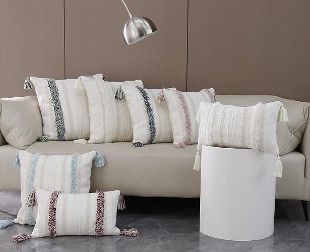 MeMoreCool Boho Tufted Lumbar Pillow Cover 12×20 with Tassels, Neutral Farmhouse Decorative Throw Pillow Case for Couch & Bed, 100% Cotton Woven, Hidden Zipper, Pink (Cover Only) thumbnail 6