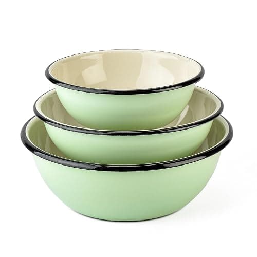 STP GOODS Enamel Bowl Set of 3 pcs Enamel Serving Bowls, Enameled Steel Mixing Bowls for Cooking Prepping, Kitchen Fruit Salad Bowl, Dishwasher Safe (Mint) thumbnail 5