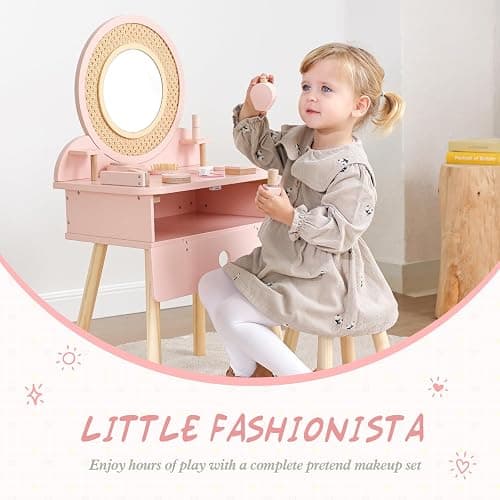 OOOK Kids Vanity Table and Chair Set, Pink Girls Vanity with 11 Pcs Accessories, Enough for Real and Pretend Makeup, Toddler Vanity for 3 Year Old and Up as Ideal Gift thumbnail 4