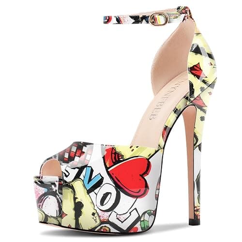 TNYNFBEB Womens Stiletto High Platform Heel Peep Open Toe Sandals Ankle Strap Buckle Prom Party Dress Patent Leather 6.1 Inches Heels - Image 1