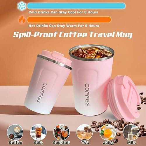 SPLMIFA Travel coffee mugs leak-proof, reusable coffee cups with lids, stainless steel vacuum thermos coffee tumblers,thermal insulation cups for men and women hot & cold drinks(2nd-Pink White, 12OZ) thumbnail 3