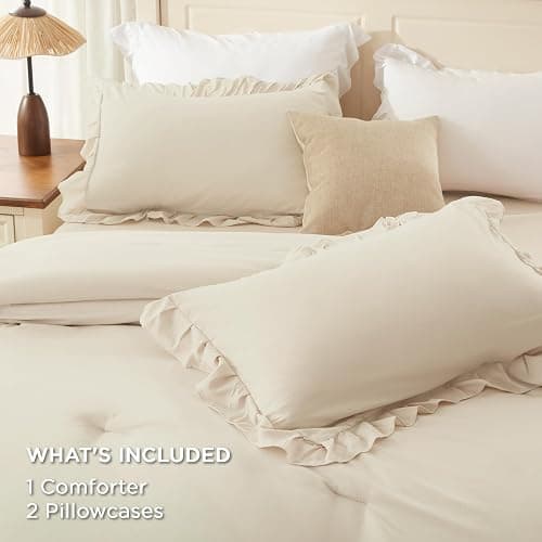 Andency Beige Full Size Comforter Set, 3 Pieces Farmhouse Shabby Chic Ruffle Comforter Set, Soft Lightweight Fluffy All Season Microfiber Bedding Comforter Set for Kids, Girls, Women thumbnail 7