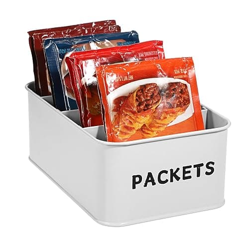 BSTKEY Seasoning Packet Organizer, Food Storage Organizer with Divided 4 Compartments, Metal Storage Caddy for Kitchen Pantry Cabinet, Kitchen Organization Bin for Snacks Spice Packets, White - Image 1