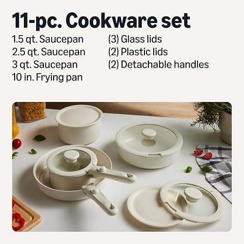 Amazon Basics Ceramic Nonstick Cookware Set with Detachable Handles, 11-Piece Stackable, All Cooktop Friendly, Dishwasher-Safe, Includes Saucepan, Frying Pan, Glass and Plastic Lids, Linen Gray thumbnail 2