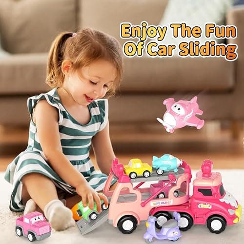 newcrave Truck Toys for 1 2 3 Year Old Girl, 7-in-1 Carrier Cars Toys for Toddler Girls Age 1-2 2-3, Princess Toy with Light & Sound, Easter Christmas Birthday Gifts for 1 2 3+ Year Old Girls thumbnail 4