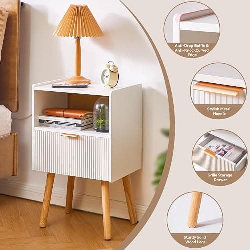 Aibiju Nightstand with Storage Drawer, Modern Bedside Table with Liner Drawer and Solid Wood Legs, Small End Table with 2-Tier Storage, White YD-TM061W thumbnail 5