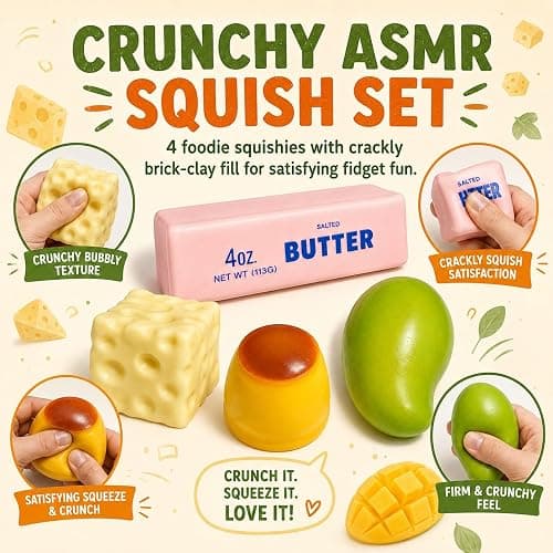 4 Pack Crunchy Squishy Set – ASMR Bead Filled Fidget Toys | Shape-Holding Slow-Rebound, Realistic Food Shape Slushy Squeeze Fidget Squishies – Stress Relief Gift for Kids & Adults thumbnail 2