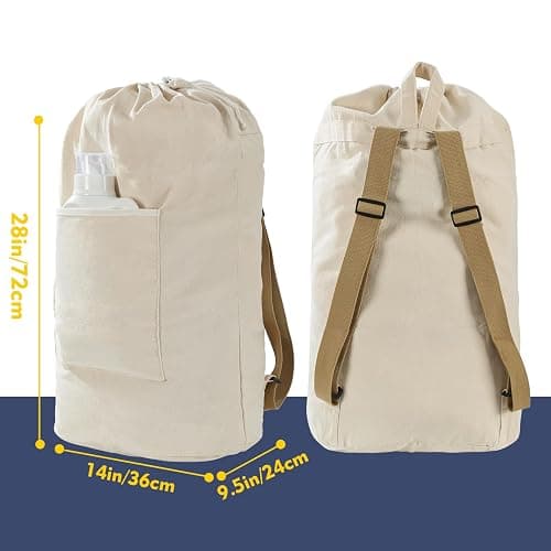 Canvas Laundry bag, Washable Laundry backpack, Adjustable Straps, Large Front Pocket, Drawstring Closure (BEIGE, X-Large) thumbnail 2