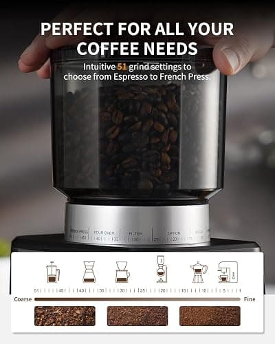 SHARDOR Conical Burr Espresso Coffee Grinder Electric with Precision Timer 2.0, Touchscreen Adjustable Burr Mill with 51 Precise Settings for Home Use, Anti-static, Stainless Steel thumbnail 5
